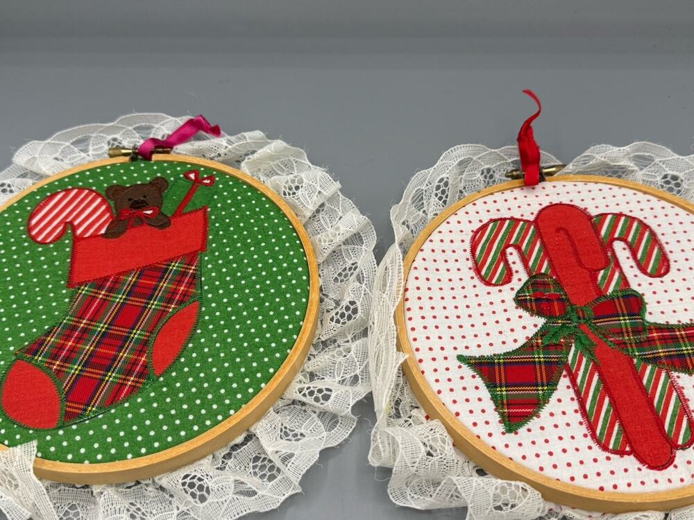 Handmade Christmas Embroidery Hoop Wall Decor Set 2 Applique Vintage Folk Art